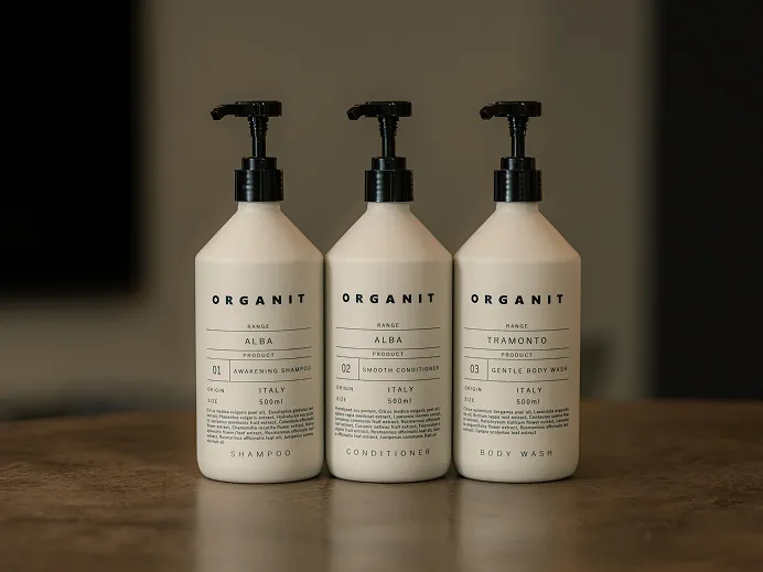 木の台の上に並ぶ、ベージュのポンプボトル3本入りの「VERANIT」ブランドのアメニティセット。