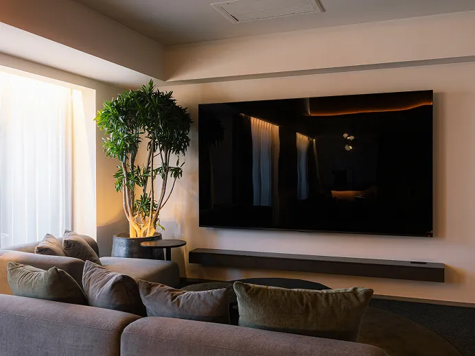 黒い壁に大画面のテレビを掛けたリビング。グレーのソファと観葉植物が落ち着いた空間を演出する。
