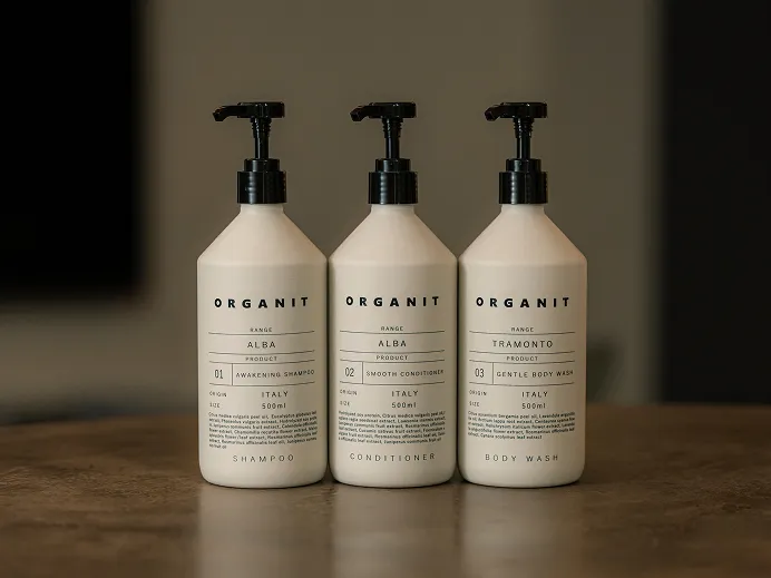 木の台の上に並ぶ、ベージュのポンプボトル3本入りの「VERANIT」ブランドのアメニティセット。